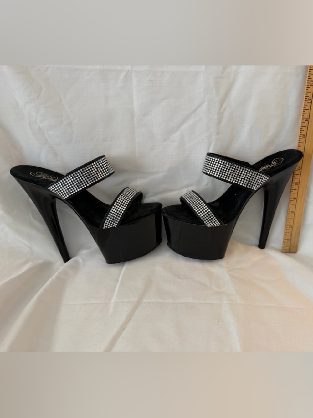 Pleaser Black Patent Platform Heels with Rhinestone Straps